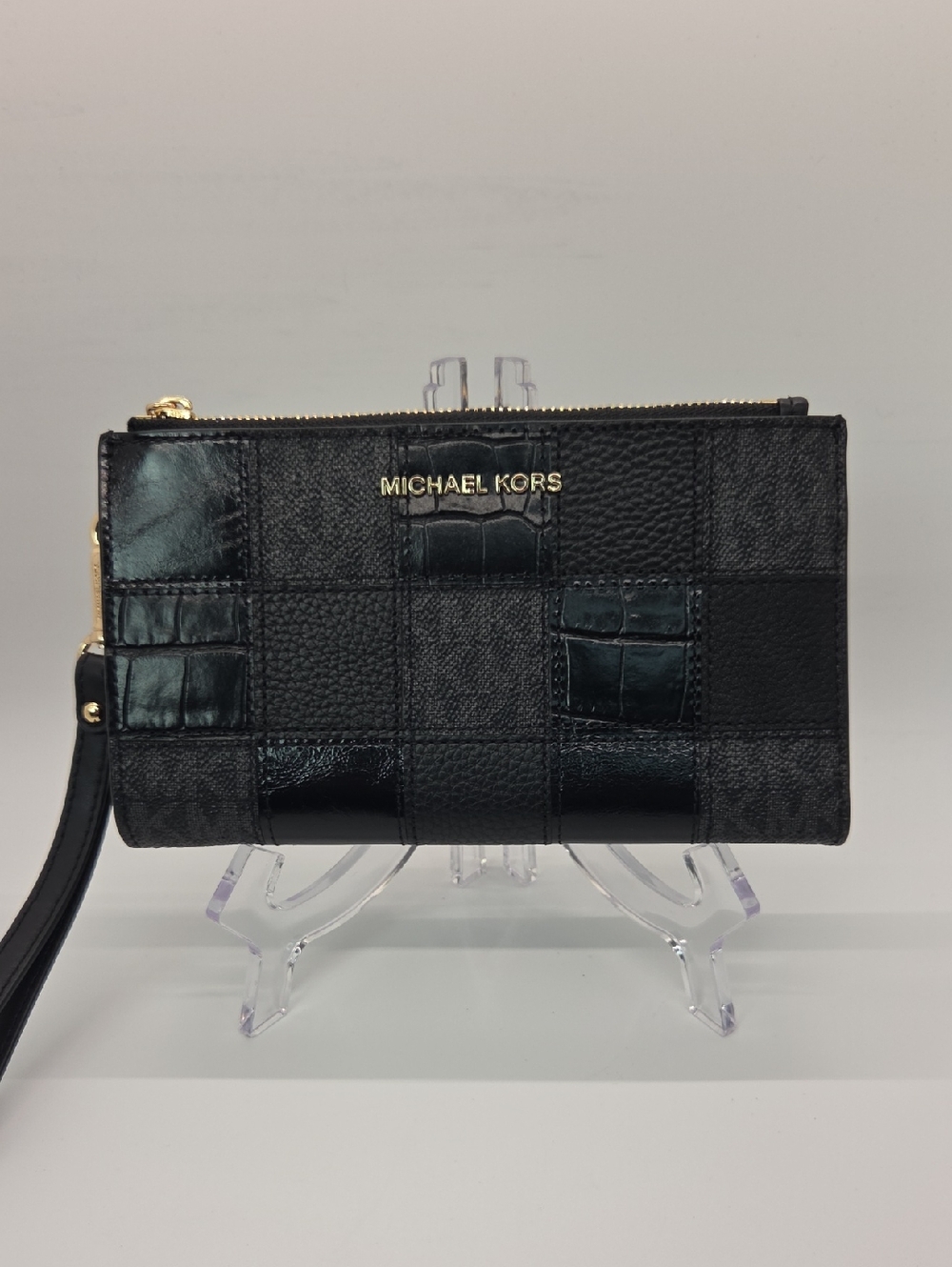 Michael Kors Adele Black Patchwork Leather Double Zip Wristlet Gold Hardware